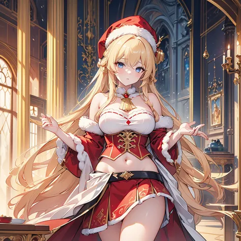 a beautiful elegant woman,long golden blonde hair,stunning blue eyes,exquisite Santa Claus robe,dramatic symmetrical pose,surrounded by snow,fantasy elements,intense studio lighting,baroque hyperrealistic digital painting style,highly detailed intricate,sh...