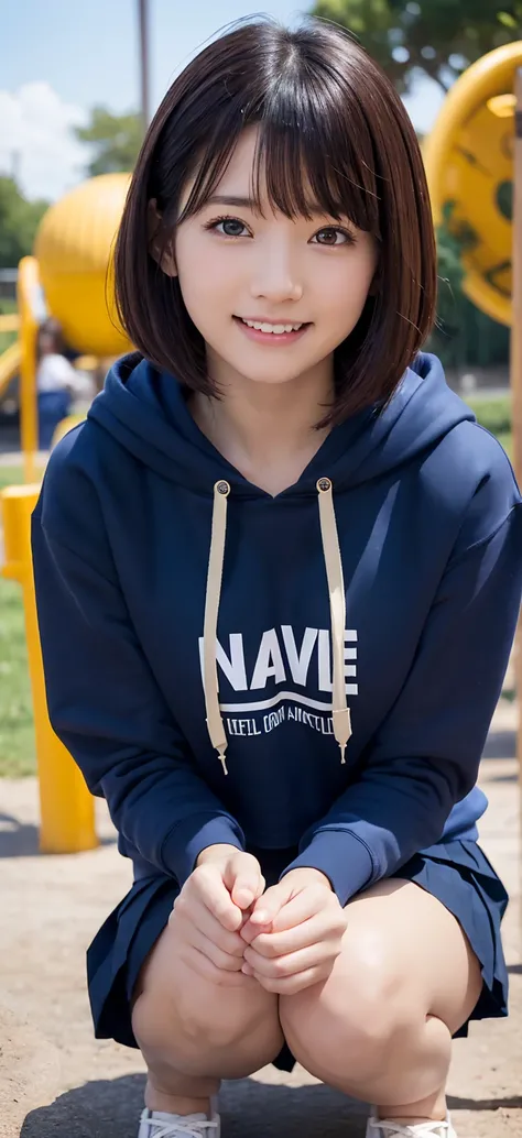 From the side, Asian Squat, One beautiful girl, (Cropped hoodie, Navy blue pleated micro mini skirt:1.3), (:1.3), break, (Park playground equipment background), break, Shy laugh, baby face, Very beautiful eyes, (Symmetrical eyes:1.3), break, Brown eyes、Str...