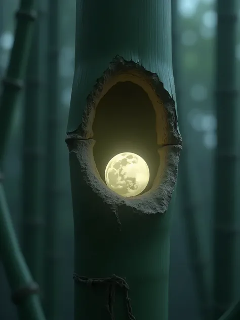 small moon shinning inside the hollow of the bamboo