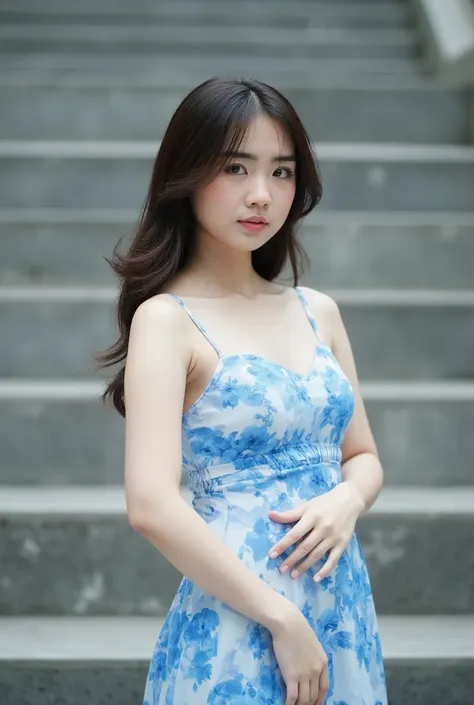 Captured at eye-level, a medium-sized Asian woman stands in front of a set of gray stairs, her hair cascades over her shoulders, her left hand resting on her hip. She is dressed in a sleeveless dress, adorned with a pattern of blue flowers, adding a pop of...