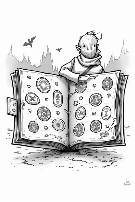 Fantasy Passport: Create a passport for an adventurer in a fantasy world. The passport could have stamps from magical kingdoms, otherworldly planets, or hidden lands, each with its own symbol or crest. Cartoon drawing, line art, black and white, no backgro...