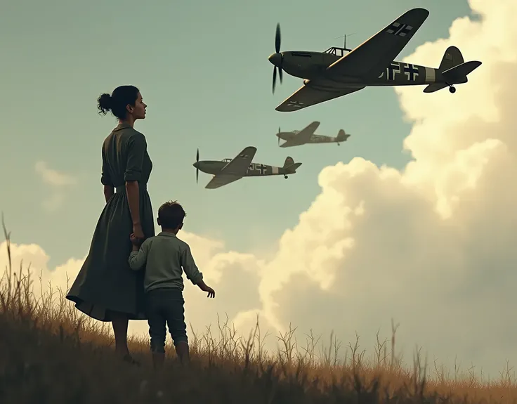 A mother looks anxiously up at Messerschmitt BF109s flying in formation in the sky.。Holding her young son