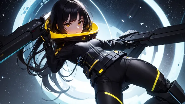 from the future intelligence, background tech, confident look, space black pioneer dress, yellow eyes, dark hair