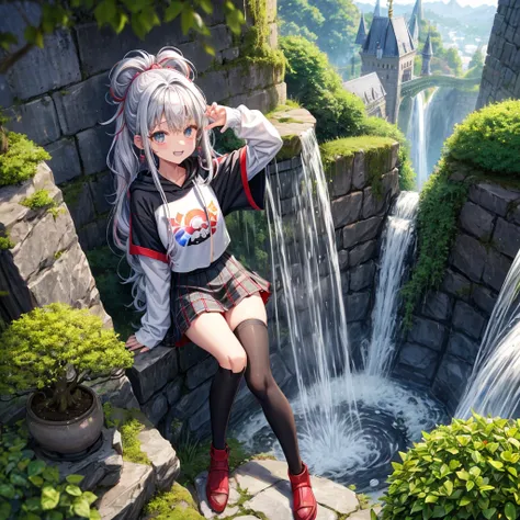 Rainbow red and silver hair、Rainbow Eyes、Wavy Hair、Hair tied up、Two cute、Checked mini skirt、Black T-shirt、Long sleeve、wearing a hood、Black knee-high socks、Teeth are visible、Ice Castle、Tilting face、lawn、In front of the city gate、The stone is cracked、Uneven ...