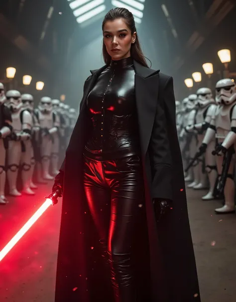 photorealism, hail33fluxv2 as an evil Sith from Star Wars wielding a red lightsaber in her right hand, evil leather sith outfit, slicked back dark, hair star wars imperial space hanger with imperal storm troopers in background, sparks, heavy smokey eyeline...