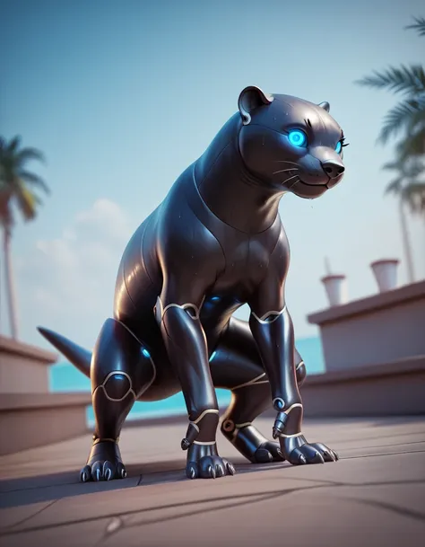 feral otter,glowing blue eyes, black skin,(robot body), sweaty,muscular build,8k highly detailed, ultra detailed , high quality photorealism, detailed unblurred, ultra realistic details,muscular build,Shoot wide with a wide-angle lens,