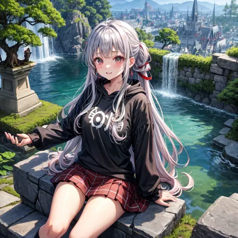 Rainbow red and silver hair、Rainbow Eyes、Wavy Hair、Hair tied up、Two cute、Checked mini skirt、Black T-shirt、Long sleeve、wearing a hood、Black knee-high socks、Teeth are visible、Ice Castle、Tilting face、lawn、In front of the city gate、The stone is cracked、Uneven ...