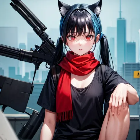 red eye　light blue scarf　twin tails　black hair　cat ears　　blue ribbon　pant suits　tank tops　he has a rifle.