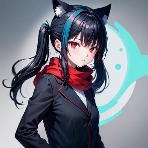 Red Eye　Light Blue Scarf　Twin tails　Black Hair　cat ears　　Blue ribbon　Pant suits　He has a rifle.