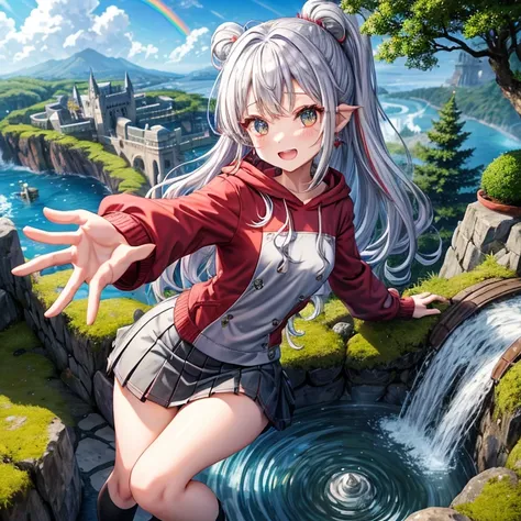 Rainbow red and silver hair、Rainbow Eyes、Wavy Hair、Hair tied up、Two cute、Checked mini skirt、Black T-shirt、Long sleeve、wearing a hood、Black knee-high socks、Teeth are visible、Ice Castle、Tilting face、lawn、In front of the city gate、The stone is cracked、Uneven ...