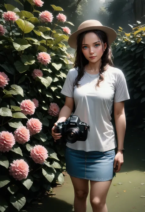 adorable camera girl, posing at garden, (DSLR camera), smiling, she has long hair (forehead, black hair, brown streaked hair, multicolored hair), wearing white long sleeves sport jacket outer, gray undershirt, navy-blue denim pencil mini skirt, beige hat, ...