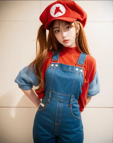 a close up of a person wearing a red hat and blue overalls, female protagonist, asuka langley soryu, portrait of asuka langley soryu, full body zenkai! asuka suit, official art, anime character, mario bros costume, the hat has an M in his center, blue eyes...