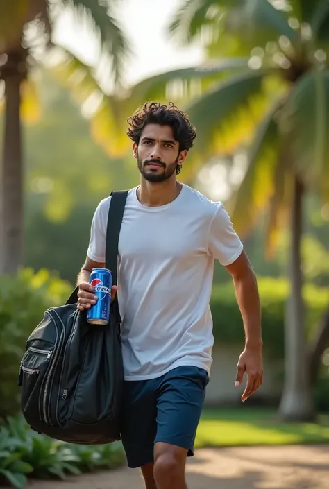 A young man with Saudi features, carrying a sports bag in his left hand and a metal Pepsi can in his right hand, which he seems to have taken out of the bag, preparing to start a sporting and energetic activity in his garden.