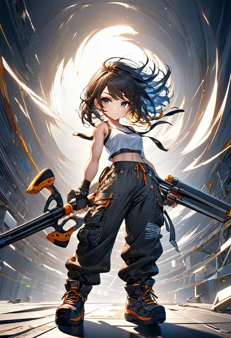 cyber ​​warrior chibi character girl, holding a crowbar in each hand, wearing half-top tank top, loose baggy pants, engineer boots, high altitude with strong winds in the background, delicate and dynamic textures, contrasts of light and shadow, 2.5D, artis...