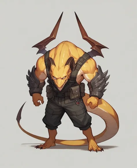 A vicious man、Full body photo、Bald、Dragon horns on head、There is a yellow dragon tail behind it。Clear version、animated version