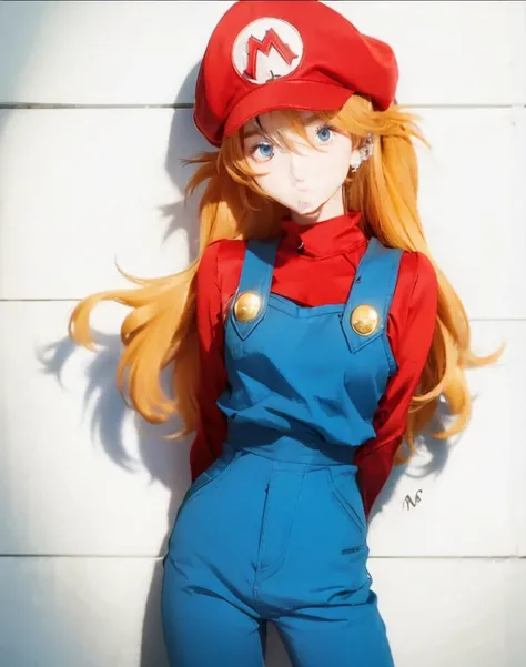 Masterpiece, best quality, 8k UHD, RAW photography, photorealistic, cinematic, 1girl, with long flowing hair, wearing a Mario costume of the videogames Super Mario, standing in a shy pose with her hands behind her back, magical atmosphere, simple white bac...