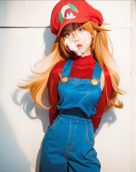 Masterpiece, best quality, 8k UHD, RAW photography, photorealistic, cinematic, 1girl, with long flowing hair, wearing a Mario costume of the videogames Super Mario, standing in a shy pose with her hands behind her back, magical atmosphere, simple white bac...