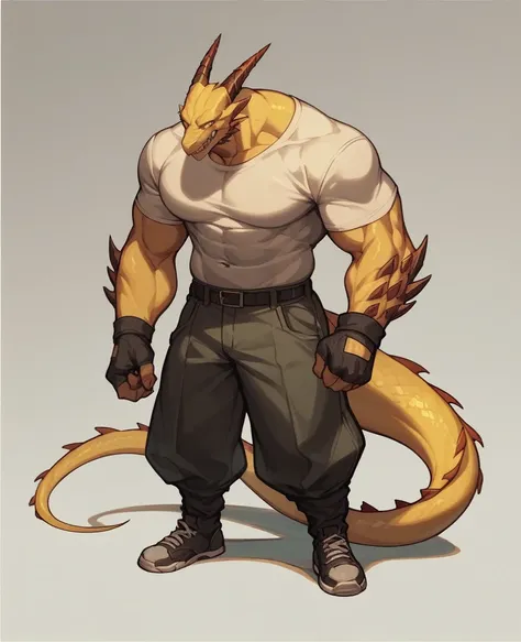 A vicious man、Full body photo、Bald、Dragon horns on head、There is a yellow dragon tail behind it、Height 160 cm。Clear version、animated version