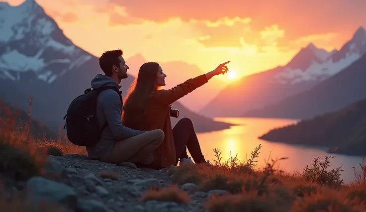 Realistic image. Create an image depicting a man and a woman sitting in a beautiful natural landscape, surrounded by mountains and a sunset sky. They both hold cameras, smiling and looking towards the horizon. At your side, a charismatic young man, also wi...