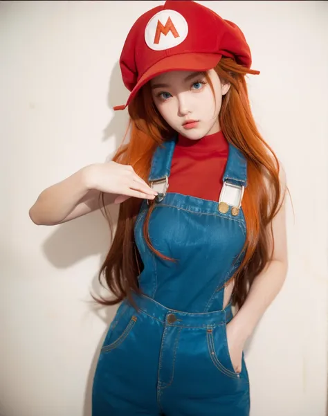 Masterpiece, best quality, 8k UHD, RAW photography, photorealistic, cinematic, 1girl, with long flowing hair, wearing a Mario costume of the videogames Super Mario, standing in a shy pose with her hands behind her back, magical atmosphere, simple white bac...