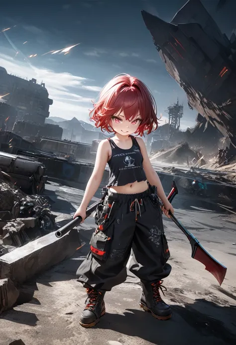 cyber ​​warrior chibi character girl, holding a crowbar in each hand, very nasty smile, evil smile, red messy wavy short hair, captivating eyes, wearing half-top tank top, loose baggy pants, engineer boots, high altitude with strong winds in the background...