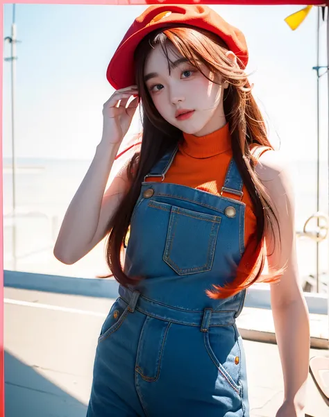 Masterpiece, best quality, 8k UHD, RAW photography, photorealistic, cinematic, 1girl, with long flowing hair, wearing a Mario costume of the videogames Super Mario, standing in a shy pose with her hands behind her back, magical atmosphere, simple white bac...