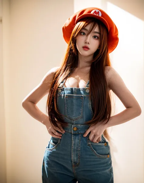 Masterpiece, best quality, 8k UHD, RAW photography, photorealistic, cinematic, 1girl, with long flowing hair, wearing a Mario costume of the videogames Super Mario, standing in a shy pose with her hands behind her back, magical atmosphere, simple white bac...