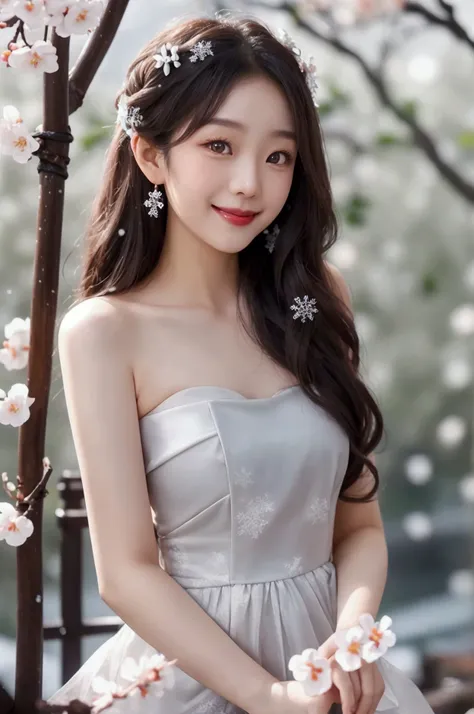 Gray strapless Taiwanese beauty with long curly hair，Background white plum blossom bokeh，Look at the camera and smile，Bring a little snowflakes