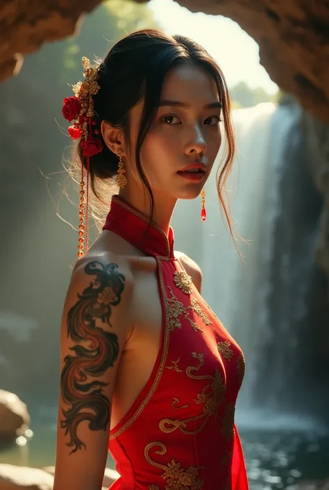 (photorealism,1040x2400pixels)
realistic half body photograph a beautiful Chinese movie star girl in a red ruby qi pao dress, adorned with hair accessories and a 24k gold choker necklace.red ink china cloud tattoo in her arm. The setting is a natural cave ...