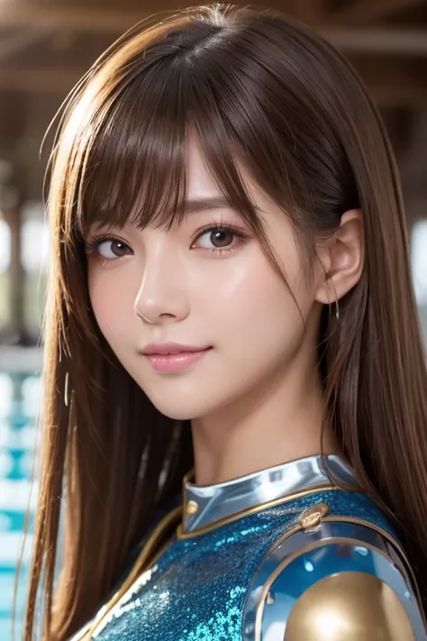 A cute idol knight girl covered in slime、Face close-up、whole body、Good style、、、、、、、、、、Tanned thick legs、、Slime covered blue sequined steampunk armor uniform、Beautiful idol face、Shine、Night City、Face close-up、
Huge 、Long brown hair、Shiny, Oily skin、Shine Sk...