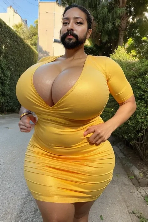 old man, bald, fake mustache, big mustache, beard, big beard, 8k HD, solo, beautiful and perfect figure, busty body, curvy body, big breast, large butt, huge breasts, golden top, golden minidress skirt, running in the park, 