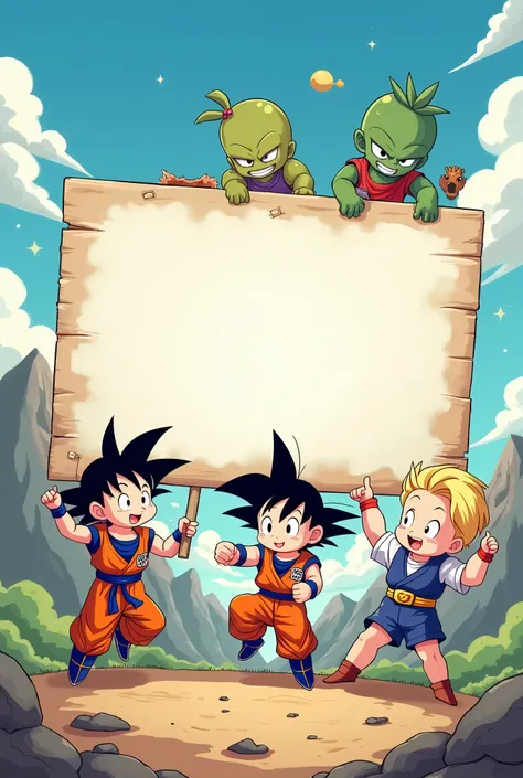 Create a creative and cute cover, for kids showing various dragon ball z characters holding a blank sign 