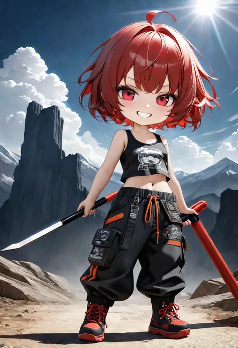 cyber ​​warrior chibi character girl, holding a crowbar in each hand, very nasty smile, evil smile, red messy wavy short hair, captivating eyes, wearing half-top tank top, loose baggy pants, engineer boots, high altitude with strong winds in the background...