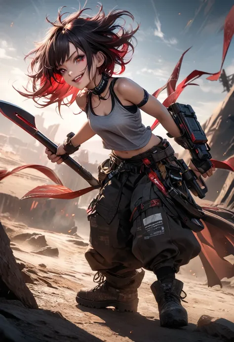 cyber ​​warrior chibi character girl, holding a crowbar in each hand, very nasty smile, evil smile, red messy wavy short hair, captivating eyes, wearing half-top tank top, loose baggy pants, engineer boots, high altitude with strong winds in the background...