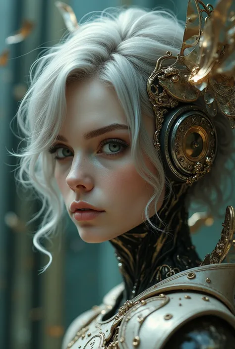 8k half body portrait of beautiful cyborg with grey hair, intricate, elegant, highly detailed, majestic, digital photography, art by artgerm and ruan jia and greg rutkowski surreal painting gold butterfly filigree, broken glass, (masterpiece, sidelighting,...