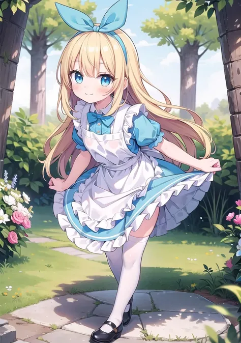 1girl, solo, masterpiece, best quality, perfect hands, blush, blue dress, blonde hair, alice \(alice in wonderland\), apron, puf...