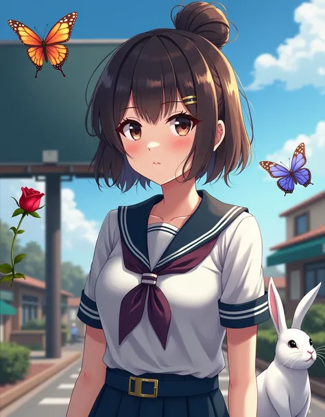 Brownish-black hair, Dark Eyes, fair skin, Oval face, Generous facial features, [high, Confident and strong, Tone and fullness, high中女生, School Uniform, bun hair, bun, Comes with hair clip, red rose, blue butterfly, White Rabbit, billboard, official qualit...