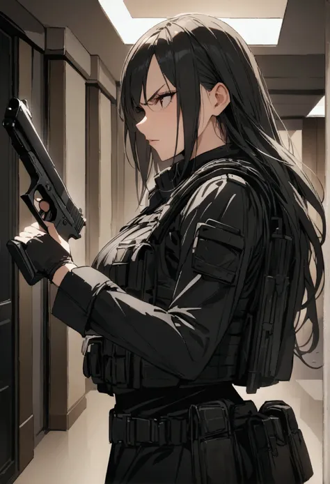 A woman wearing black clothing and a tactical vest, Serious face, 4K, Assassin Female, gun, (8k, Best Quality, masterpiece: 1.2), Super detailed, dynamic, Hotel Hall
