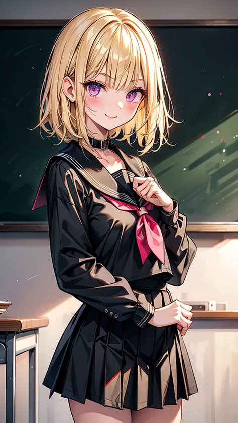 high school student　short hair　Tall　Narrow eyes　smile　Glare　Reckless attitude　Country style black sailor suit　Nagoya collar　Long skirt　stand　Rural classroom　Blonde　Pink Eyes　tall