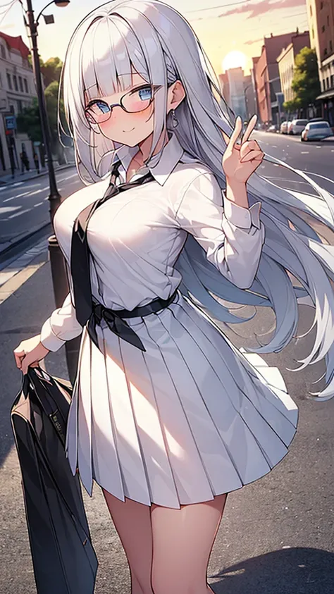 (Masterpiece, Top quality:1.5), (nsfw:1.2), beautiful girl:1.2, solo:1.3,  (silver hair:1.2), blue eyes, (long Hair:1.2), wavy Hair, (blunt bangs:1.2), swept bangs, airy hair, medium breasts, standard weight, smile:1.5, (blush:1.3), (white shirt, pleated s...