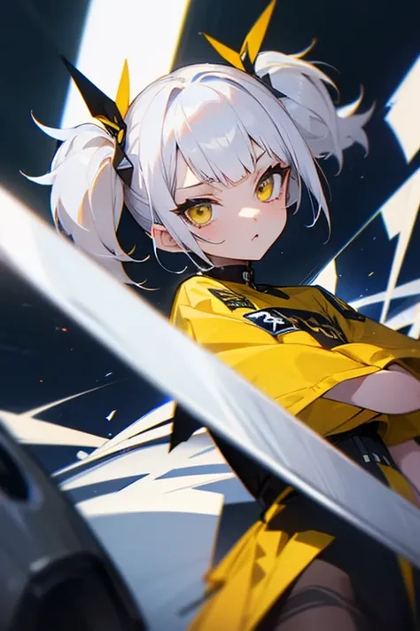 Short white hair, , Yellow and navy dress、Punk Fashion、Headbang 2.、Twin tails、sharp、