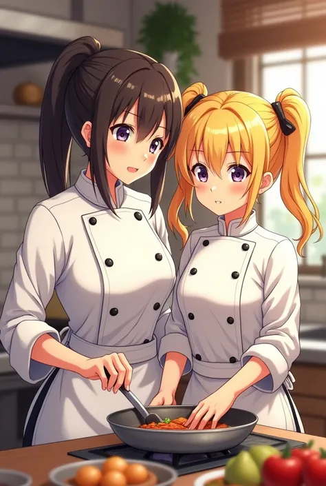 Anime Mother Daughter　Chef&#39;s clothes, two people cooking, mother with ponytail, daughter with blonde hair and twin tails