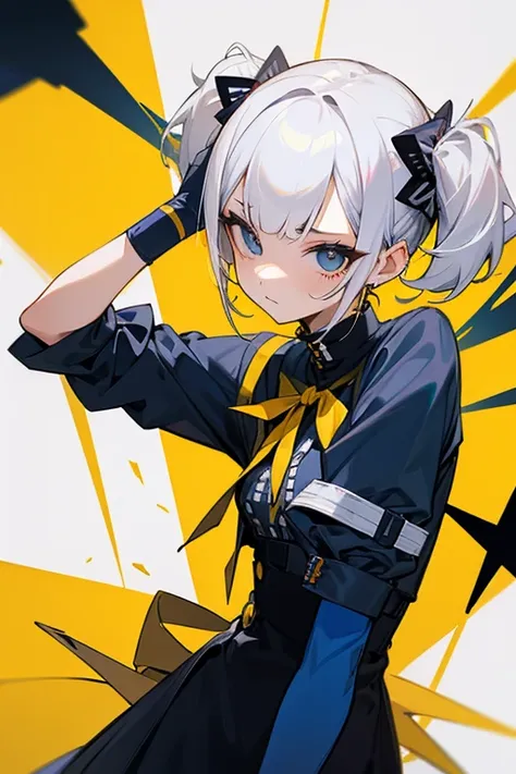 Short white hair, , Yellow and navy dress、Punk Fashion、Headbang 2.、Twin tails、sharp、