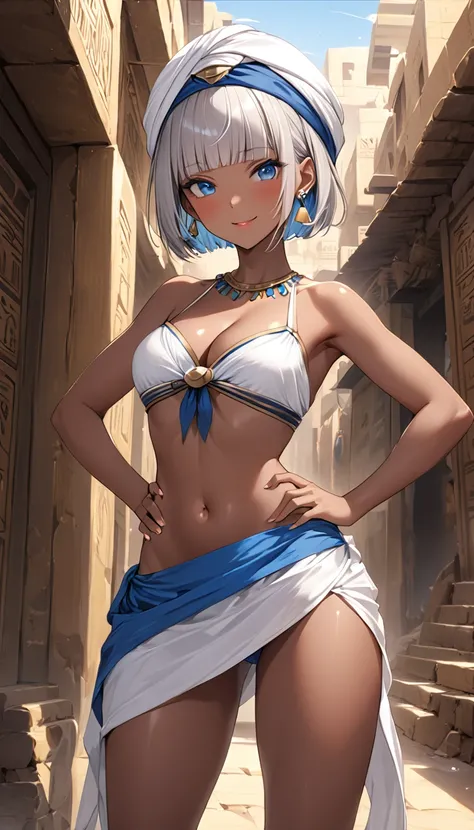 Best Quality、masterpiece, a girl, Alone,  Beautiful silver hair、((((Very short hair))))、blue eyes、dark skin, (Blunt bangs), ((Medium Chest)), 24-years-old, (tsurime), Slender、cleavage, Beautiful Face、Narrow waist、belly button、Natural smile, put her finger ...