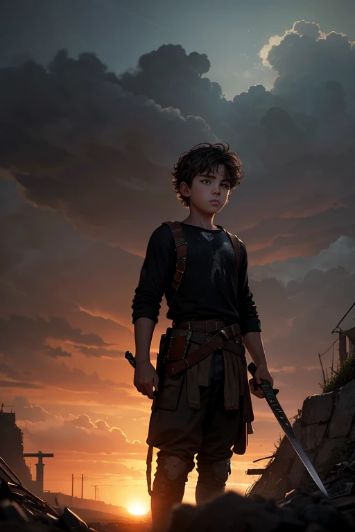 Depicting a lone boy against a backdrop of battle in 1.4: Depicting a lone boy against a backdrop of war in 1.4: A young boy with curly brown hair stands against a backdrop of war-torn scenery. His athletic build is clad in a black shirt, showing that he h...