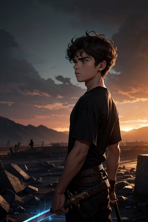 Depicting a lone boy against a backdrop of battle in 1.4:

Depicting a lone boy against a backdrop of war in 1.4: A young boy with curly brown hair stands against a backdrop of war-torn scenery. His athletic build is clad in a black shirt, showing that he ...