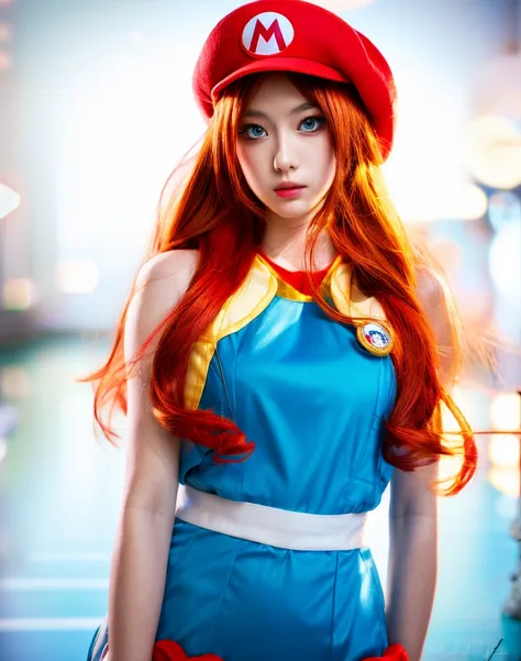 masterpiece, best quality, 8k uhd, raw photography, photorealistic, cinematic, 1girl, with long flowing hair, wearing a mario co...