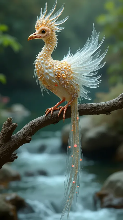 A colorful bird with a skeleton that looks like glass，The feathers are studded with diamonds and pearls. Golden head., Silver, diamond and pearl crown feather, A long tail decorated with colorful spots, Perched on a branch in the stream，The whole atmospher...