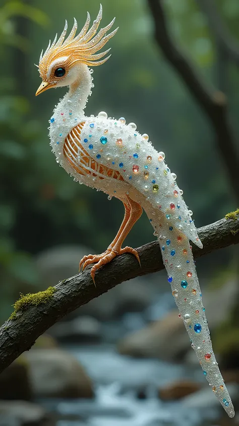 A colorful bird with a skeleton that looks like glass，The feathers are studded with diamonds and pearls. Golden head., Silver, diamond and pearl crown feather, A long tail decorated with colorful spots, Perched on a branch in the stream，The whole atmospher...