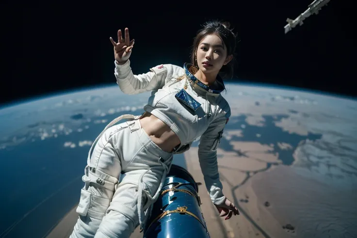 (((Spacecraft extravehicular activity))), (((Woman doing a spacewalk))), (((The world of Mad Max))) , (((universe space))),A boldly composed photograph of a Japanese woman, as if taken by a famous artistic photographer, (((Blockbuster art photography)), (8...